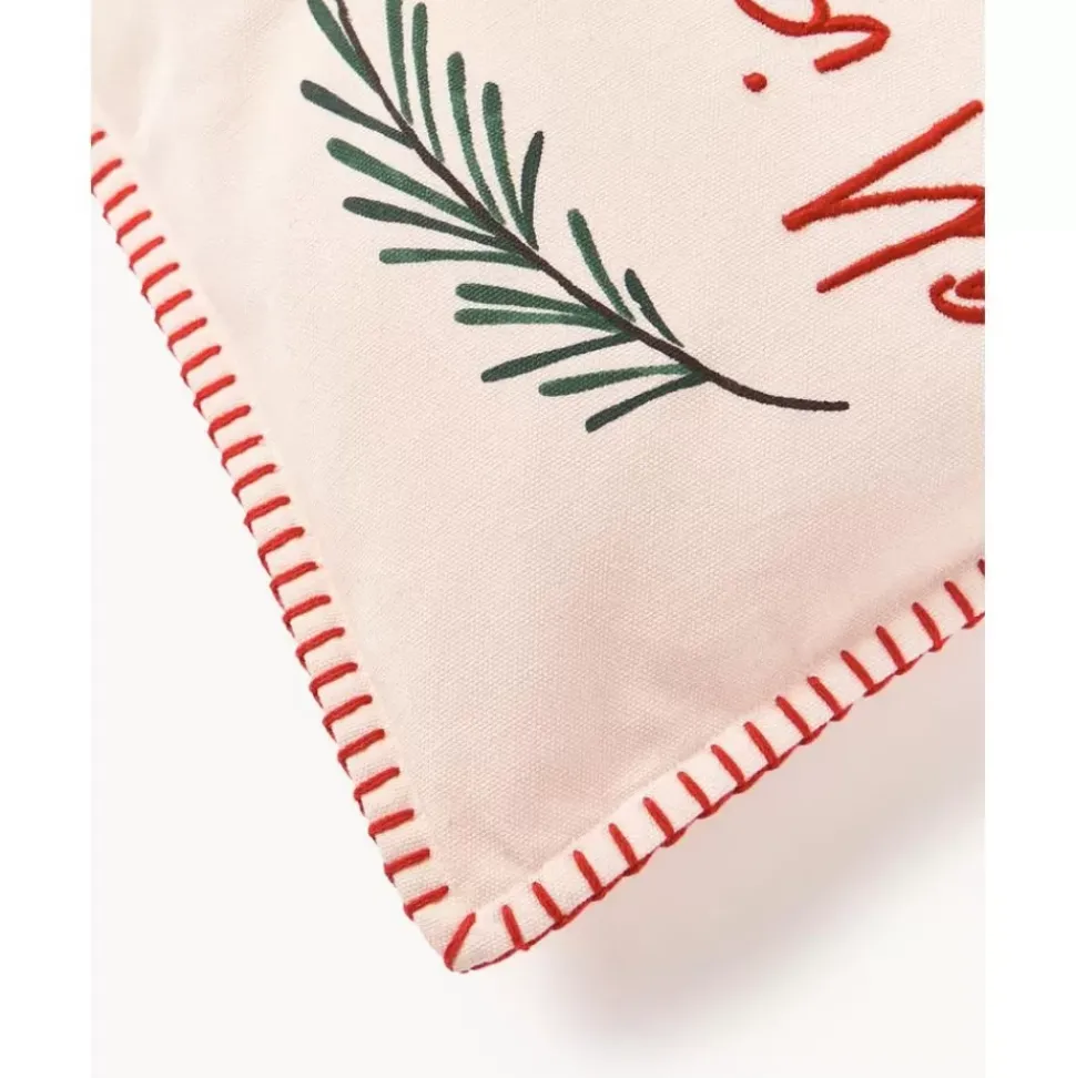 Bestickte Baumwoll-Kissenhulle Yule Mit Weihnachtlichem Motiv