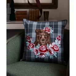 Karierte Kissenhulle Bear Mit Bestickung