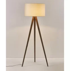 Skandi-Tripod Stehlampe Jake Aus Massivholz Mit Samt-Schirm