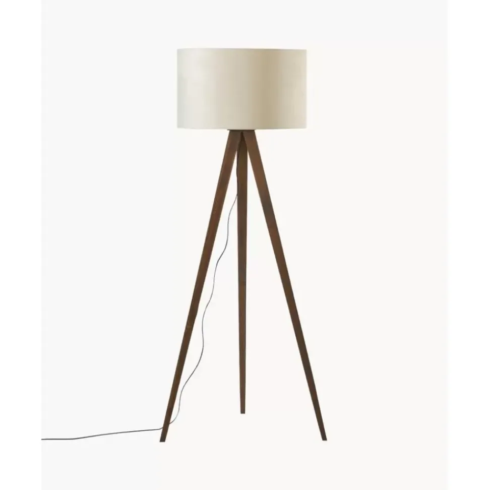 Skandi-Tripod Stehlampe Jake Aus Massivholz Mit Samt-Schirm