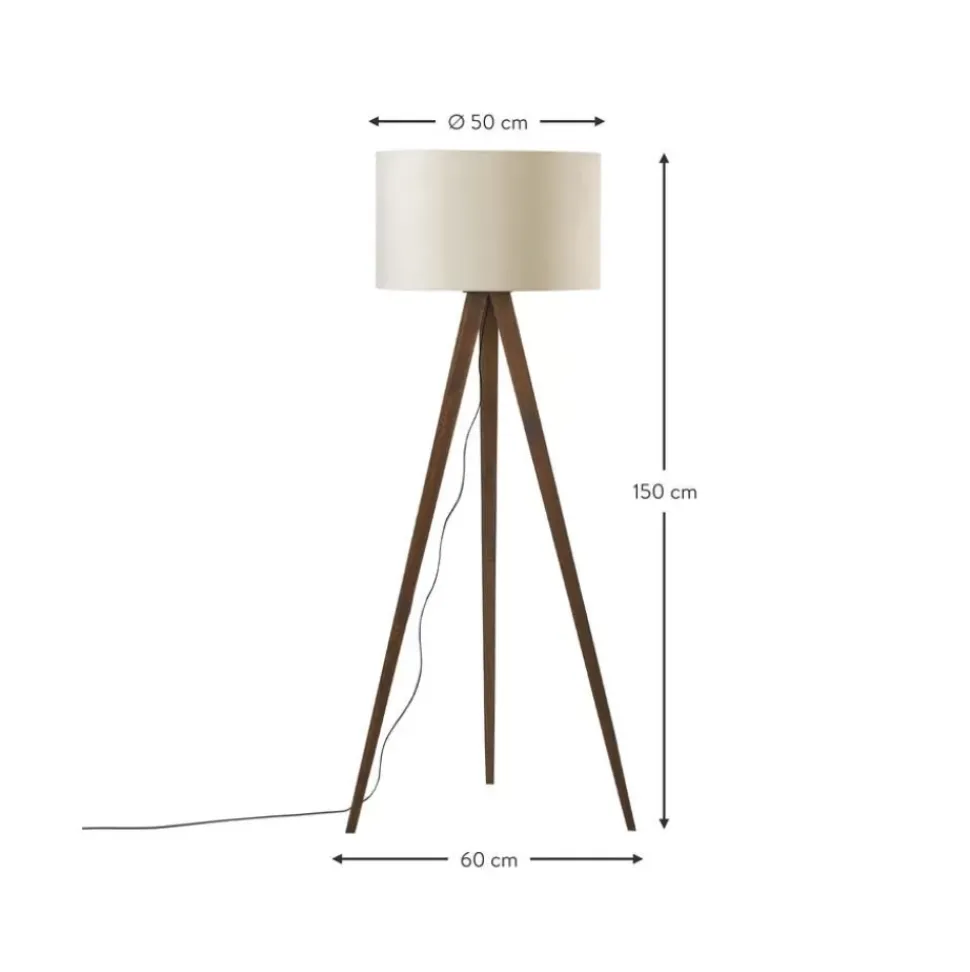Skandi-Tripod Stehlampe Jake Aus Massivholz Mit Samt-Schirm
